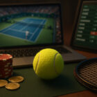 Scommesse Totale Game tennis betting con laptop, quote live, pallina e racchetta in primo piano.