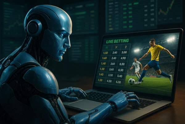 Robot che piazza scommesse online su laptop in stile iperrealistico 3D, simbolo dell’automazione nelle scommesse sportive con bot e algoritmi predittivi