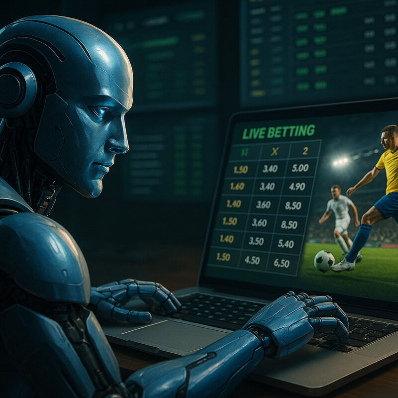 Robot che piazza scommesse online su laptop in stile iperrealistico 3D, simbolo dell’automazione nelle scommesse sportive con bot e algoritmi predittivi