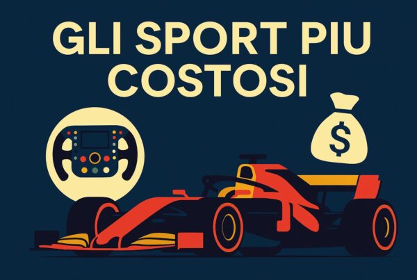 Grafica digitale con elementi illustrati che rappresentano le gare automobilistiche: auto da corsa stilizzate, un casco da pilota e simboli economici, su sfondo rosso e grigio con il titolo Gli sport più costosi.
