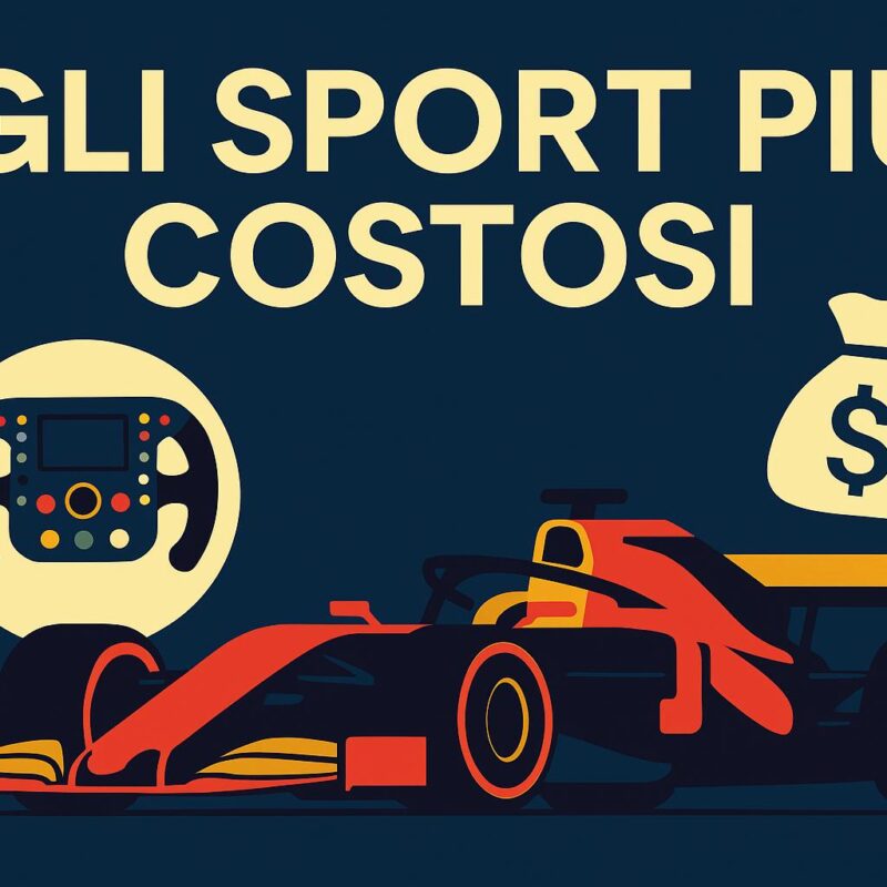 Grafica digitale con elementi illustrati che rappresentano le gare automobilistiche: auto da corsa stilizzate, un casco da pilota e simboli economici, su sfondo rosso e grigio con il titolo Gli sport più costosi.