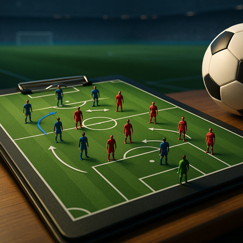 Schema tattico calcistico 3D su lavagna con pedine rosse e blu che illustrano moduli 4-3-3 e 5-4-1 in uno stadio realistico