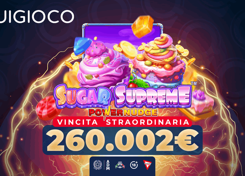 Immagine colorata di una griglia con dolciumi e caramelle, rappresentativa della slot machine Sugar Supreme Powernudge, con riferimento alla vincita Sugar Supreme.