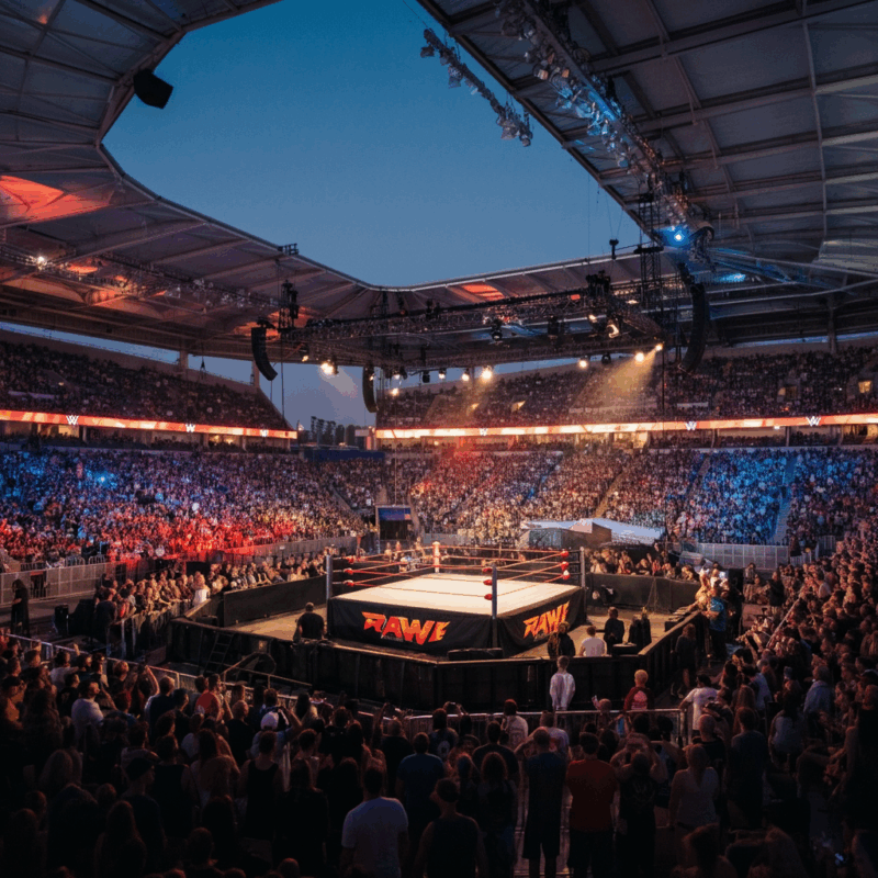 Un'immagine di uno stadio gremito al tramonto, con un ring di wrestling luminoso al centro, circondato da una folla entusiasta. Luci rosse e blu dinamiche illuminano la scena. La scritta WWE SUMMERSLAM è prominente e ben visibile.