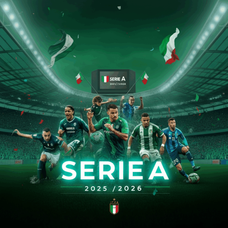 Illustrazione vivace della campionato calcio serie a 2025/2026 con giocatori in azione su un campo da calcio, uno stadio gremito e i colori della bandiera italiana.