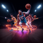 Giocatori NBA 2025 in azione sul campo, mentre eseguono passaggi precisi e collaborano in squadra, enfatizzando strategia e lavoro di squadra.