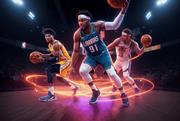 Giocatori NBA 2025 in azione sul campo, mentre eseguono passaggi precisi e collaborano in squadra, enfatizzando strategia e lavoro di squadra.