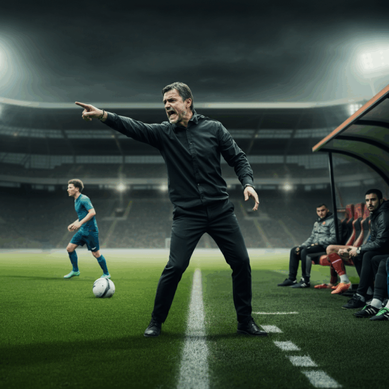 Come gioca Gattuso: Un allenatore di calcio su un campo verde, ritratto mentre dirige la squadra con gesti appassionati. Lo sfondo mostra uno stadio moderno con tifosi sfumati, enfatizzando la leadership e l’energia nell’azione.