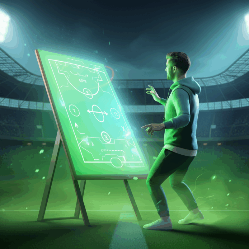 Come gioca Piola. Un allenatore di calcio è raffigurato mentre disegna strategie su una lavagna tattica. Sullo sfondo, uno stadio vibrante con colori vivaci di verde, blu e bianco, che trasmette energia e innovazione calcistica.