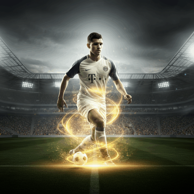 Calciatore in uno stadio gremito che esulta con le braccia al cielo, avvolto da un'aura luminosa che simboleggia energia e esultanza