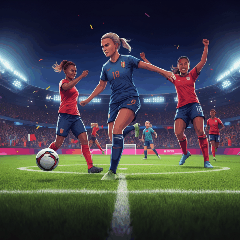 Un campo da calcio illuminato di notte con giocatrici in azione al centro della scena, mentre una folla esultante riempie gli spalti, trasmettendo energia e passione per gli Europei femminili 2025.
