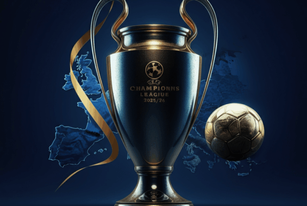 Pallone da calcio posizionato al centro, trofeo della Champions League sul lato e una mappa dell'Europa stilizzata con colori vivaci blu e oro che rappresentano i club partecipanti.