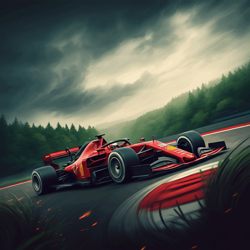 Macchina di Formula 1 Belgio in azione sulla curva Eau Rouge di Spa-Francorchamps, circondata dalla foresta lussureggiante delle Ardenne e sotto un cielo nuvoloso.