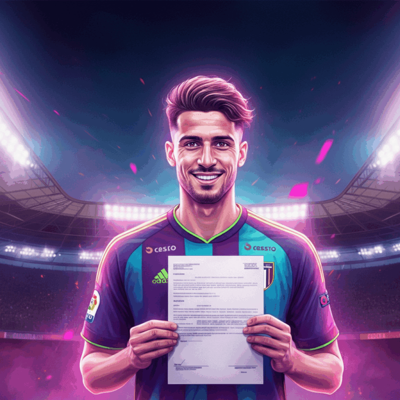 Un calciatore tiene in mano un contratto, rappresentando il concetto di "giocatori svincolati" nel calciomercato. Sullo sfondo, uno stadio illuminato che trasmette un senso di opportunità e nuove possibilità.