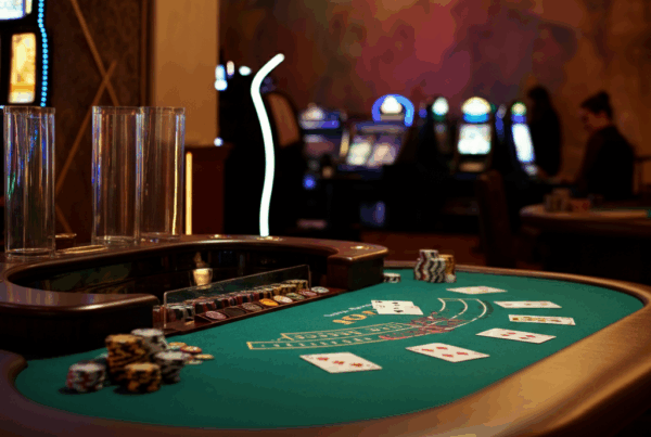 Un tavolo da blackjack con carte e fiches sparse su un panno verde, ambientato in un casinò con un vivace sfondo dinamico, caratterizzato da luce soffusa ed elementi decorativi.