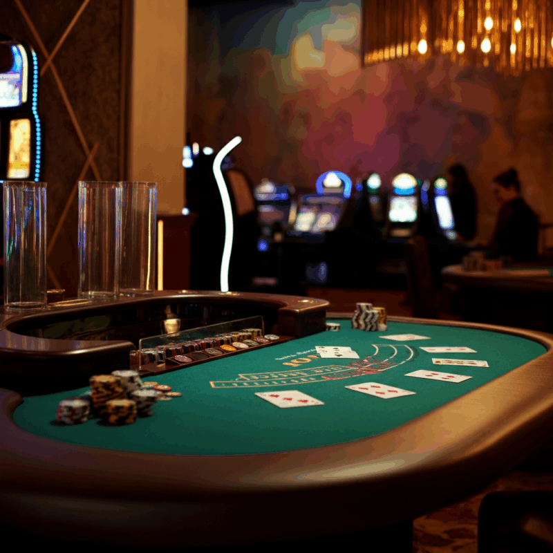 Un tavolo da blackjack con carte e fiches sparse su un panno verde, ambientato in un casinò con un vivace sfondo dinamico, caratterizzato da luce soffusa ed elementi decorativi.