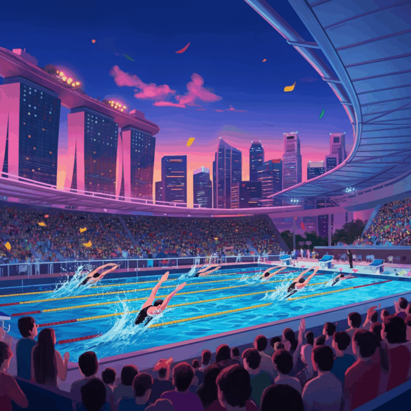 Una spettacolare competizione di nuoto notturna in un moderno stadio acquatico, circondato dalle luci scintillanti di un futuristico skyline urbano di Singapore, in un'atmosfera vivace e ricca di emozione di Mondiali di nuoto.