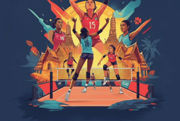 Giocatrici di pallavolo in azione su un campo, con sullo sfondo celebri monumenti thailandesi e colori vivaci, che promuovono i Mondiali di Pallavolo Femminile 2025 in Thailandia.