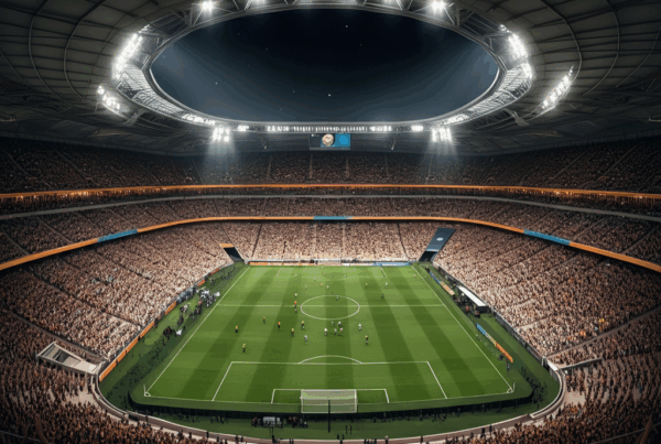 Stadio pieno di tifosi entusiasti, ripreso dall'alto durante i Mondiali per Club Juventus, con luci brillanti e atmosfera vibrante.
