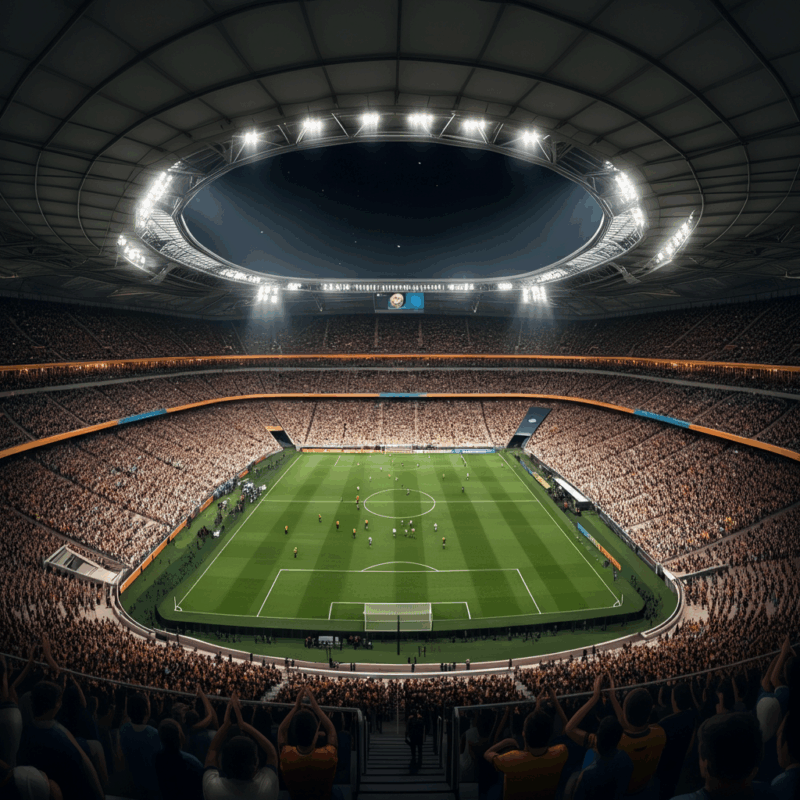 Stadio pieno di tifosi entusiasti, ripreso dall'alto durante i Mondiali per Club Juventus, con luci brillanti e atmosfera vibrante.