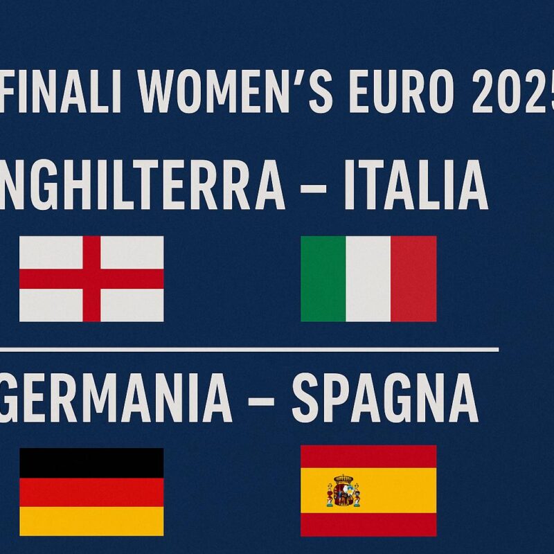 Grafica promozionale delle semifinali UEFA Europei femminili Women’s EURO 2025 con le partite Inghilterra–Italia e Germania–Spagna su sfondo blu.