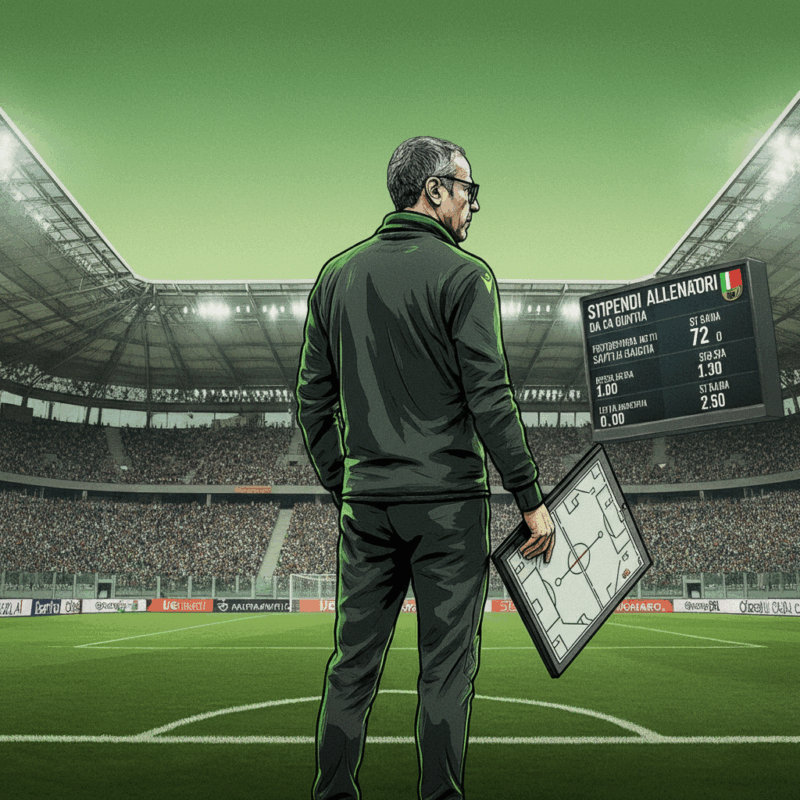 Un allenatore di calcio visto di spalle a bordo campo durante una partita di Serie A, con uno stadio pieno e un tabellone segnapunti che indica stipendi allenatori.