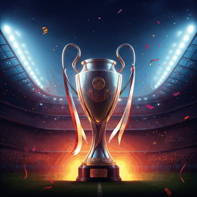 Esplosione di emozioni alla Supercoppa UEFA 2025! 🌟⚽ Uno stadio illuminato a festa, il trofeo al centro della scena e i loghi di Paris Saint-Germain e Tottenham che brillano sotto luci magiche.