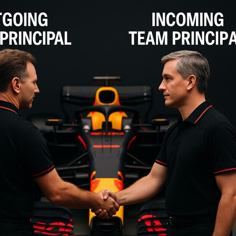 Due team principal di Formula 1 si stringono la mano davanti a una monoposto, simbolo del passaggio di leadership in Red Bull.