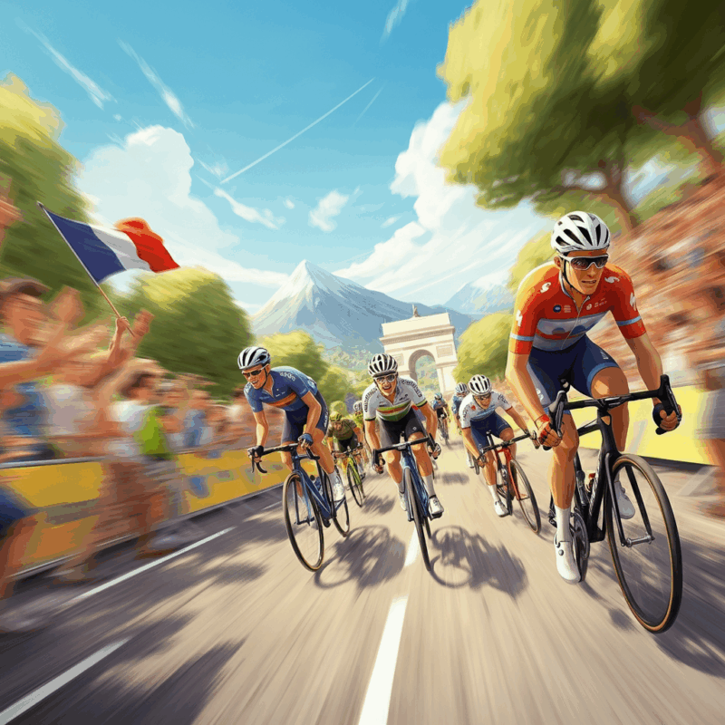 Illustrazione del Tour de France 2025 con ciclisti in azione attraverso paesaggi iconici francesi come le Alpi e i Champs-Élysées, con colori vivaci e atmosfera estiva
