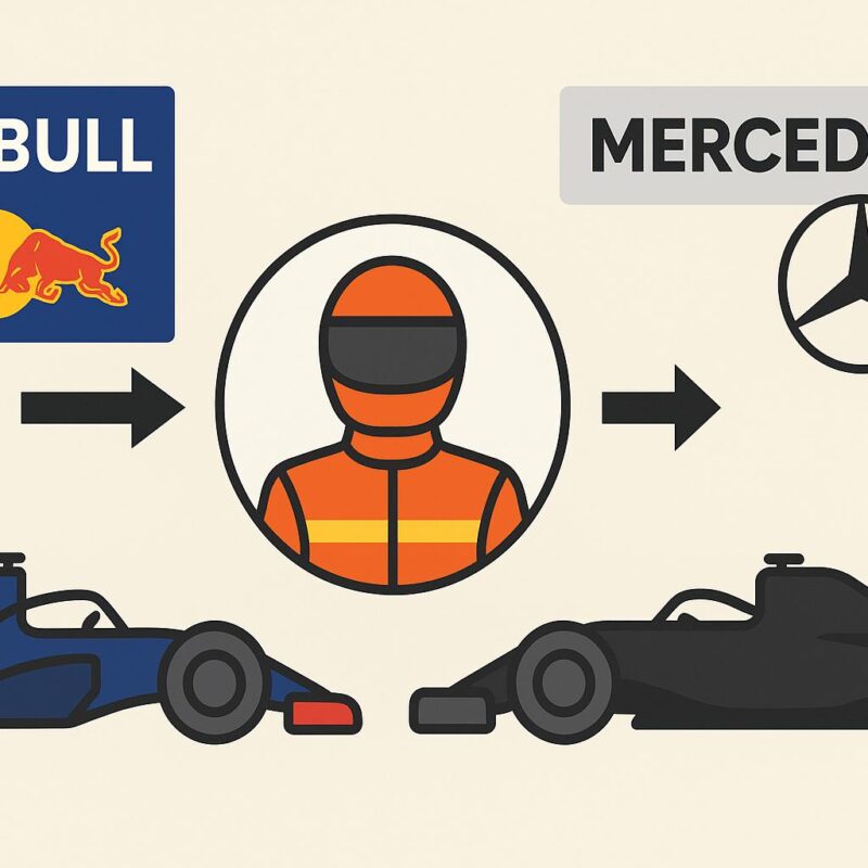Icona illustrata in stile piatto che mostra un pilota di Formula 1 al centro, in procinto di trasferirsi dalla scuderia Red Bull , Verstappen alla Mercedes, con frecce direzionali e vetture stilizzate delle due squadre.