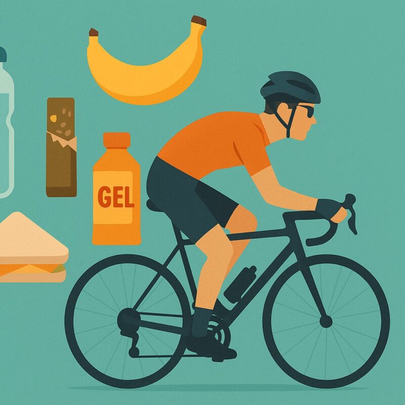 Illustrazione ciclista su bici da strada con alimenti rappresenta il Ciclismo lunga distanza, borraccia, barretta, gel energetico, banana e panino che illustra il Ciclismo lunga distanza