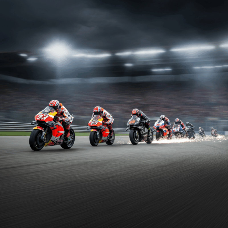 Motociclette da competizione che affrontano curve strette su un circuito professionale, simbolo della Classifica MotoGP dei Crash, con scintille che si sprigionano dalle pedane inclinate e una folla festante sullo sfondo.