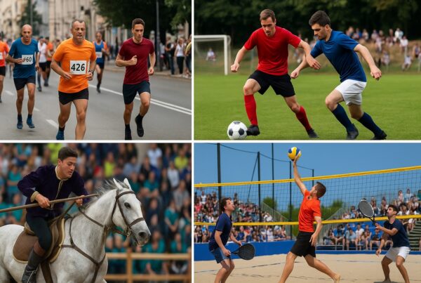 Collage realistico che rappresenta diversi Eventi sportivi amatoriali: maratona cittadina, torneo di calcetto, giochi popolari a cavallo e beach volley sulla spiaggia.