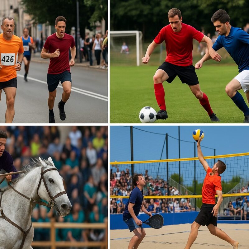 Collage realistico che rappresenta diversi Eventi sportivi amatoriali: maratona cittadina, torneo di calcetto, giochi popolari a cavallo e beach volley sulla spiaggia.
