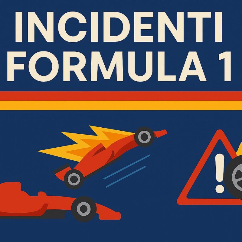 Illustrazione su sfondo blu con auto di Formula 1 coinvolte in incidenti, di formula 1 che simulano auto in fiamme e simbolo di pericolo, con testo incidenti Formula 1 in evidenza