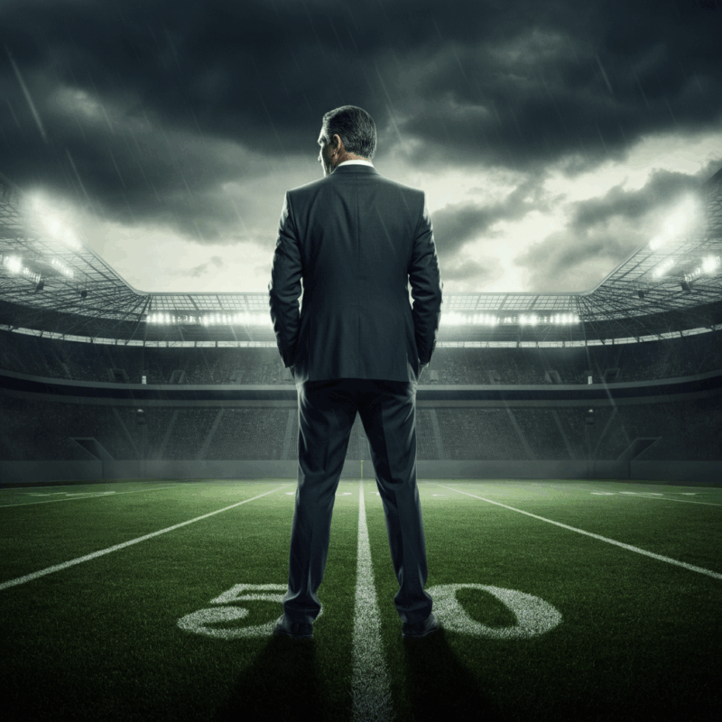 Illustrazione drammatica di José Mourinho in piedi su un campo di calcio sotto un cielo tempestoso, con espressione determinata e abito elegante, sullo sfondo di uno stadio con luci soffuse