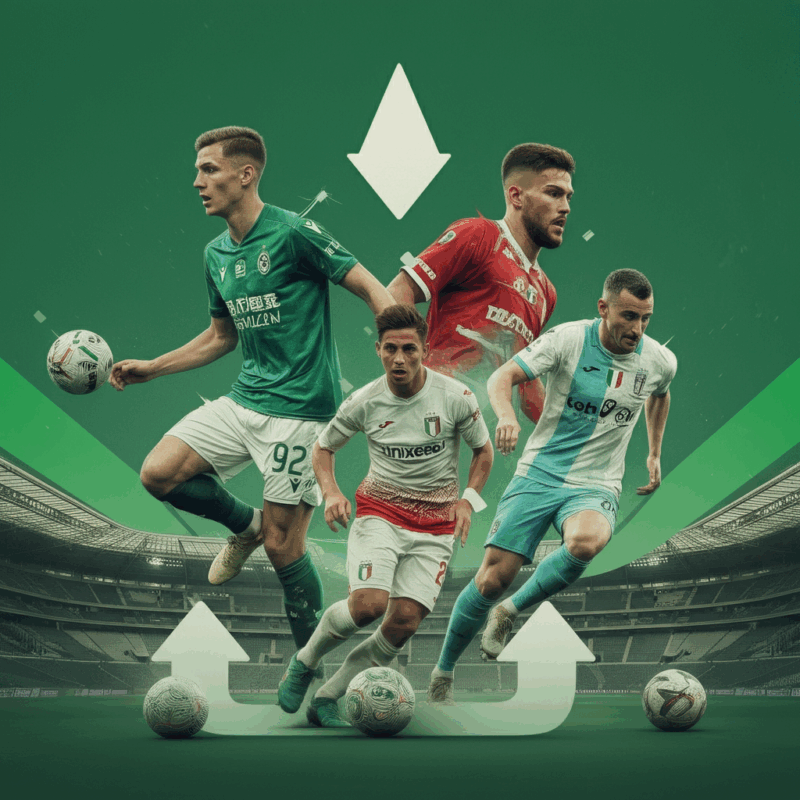 Un'illustrazione vibrante che rappresenta il mercato estivo della Serie A 2025-26 con calciatori in azione, frecce che simboleggiano i trasferimenti e stadi iconici italiani sullo sfondo.