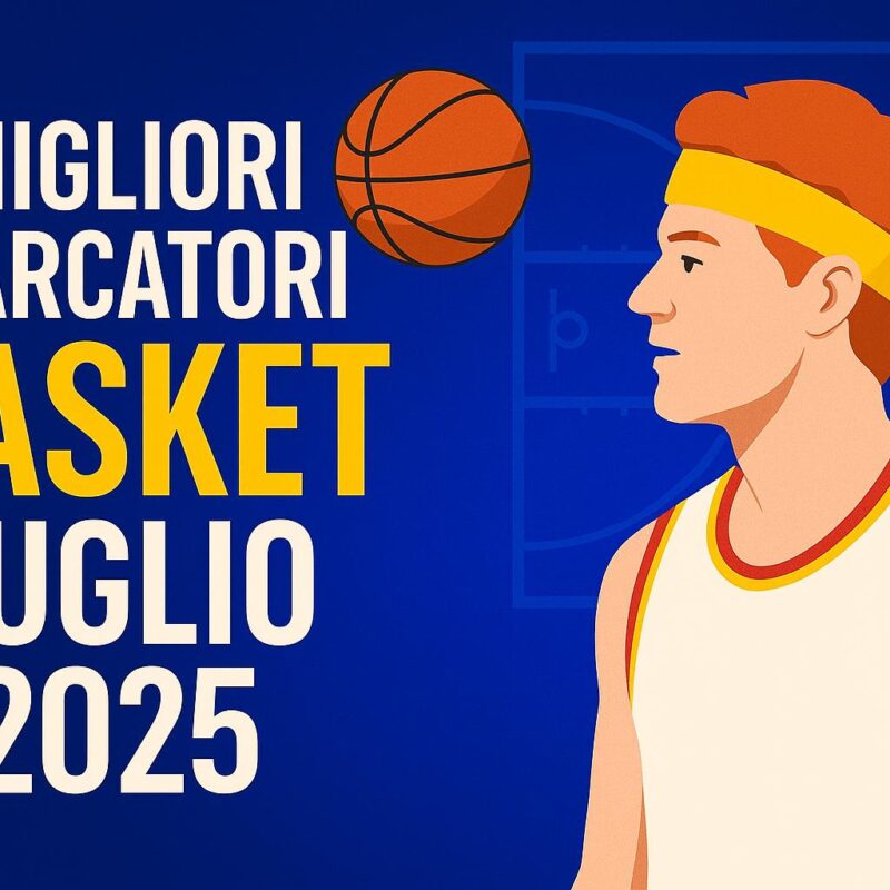 Grafica digitale con scritta “Migliori Marcatori Basket Luglio 2025” su sfondo colorato e dinamico in formato jpg