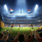 Stadio gremito durante una partita dei playoff di Champions League con giocatori in azione sul campo illuminato dai riflettori, tifosi che sventolano bandiere e atmosfera elettrizzante sotto le luci notturne