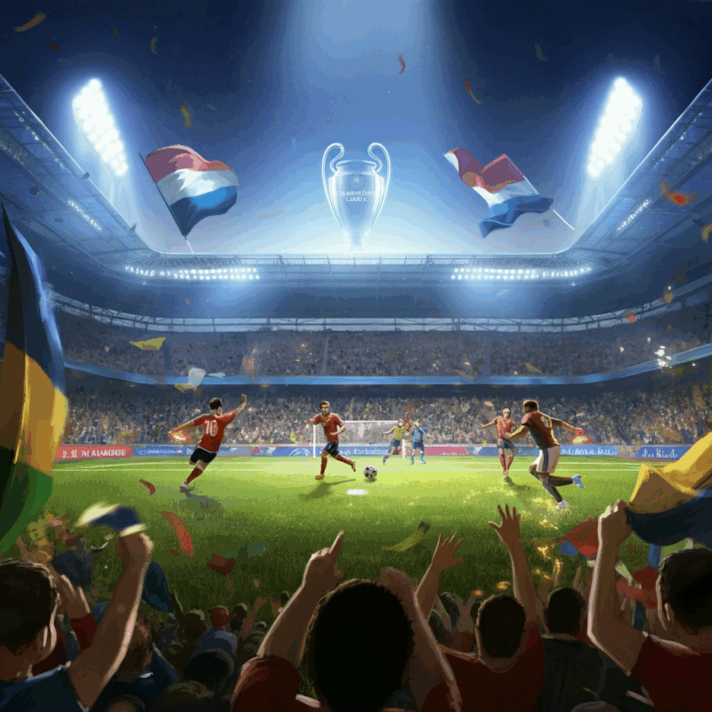 Stadio gremito durante una partita dei playoff di Champions League con giocatori in azione sul campo illuminato dai riflettori, tifosi che sventolano bandiere e atmosfera elettrizzante sotto le luci notturne