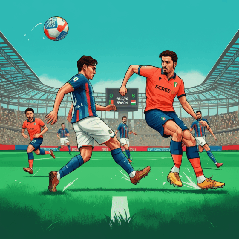 Illustrazione vibrante di una partita di calcio con giocatori in azione su un campo verde, stadio pieno di tifosi colorati e atmosfera dinamica che rappresenta l'energia Probabili formazioni Serie A