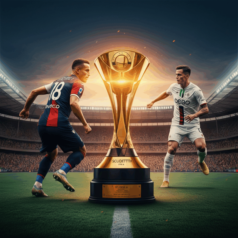 Quote Scudetto 2025 2026 Un giocatore di calcio generico in azione davanti a un trofeo splendente che simboleggia la corsa allo Scudetto della Serie A.