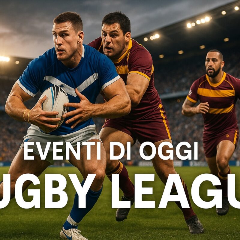 Giocatori di Rugby League in azione durante un match in uno stadio pieno, con la scritta Eventi di Oggi sul campo