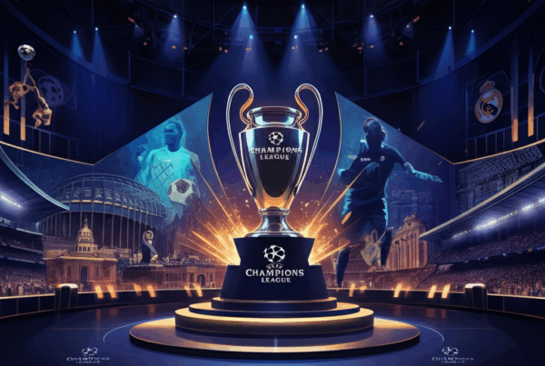 Un’illustrazione vivida che rappresenta l’evento dei sorteggi della Champions League 2025/26. Al centro, il trofeo della UEFA Champions League brilla con dettagli dorati, circondato da stadi iconici come Anfield e Santiago Bernabeu. Sullo sfondo, uno schermo digitale mostra i nomi delle squadre mentre vengono sorteggiati. Colori intensi, tra blu, oro e bianco, trasmettono un senso di prestigio ed emozione.