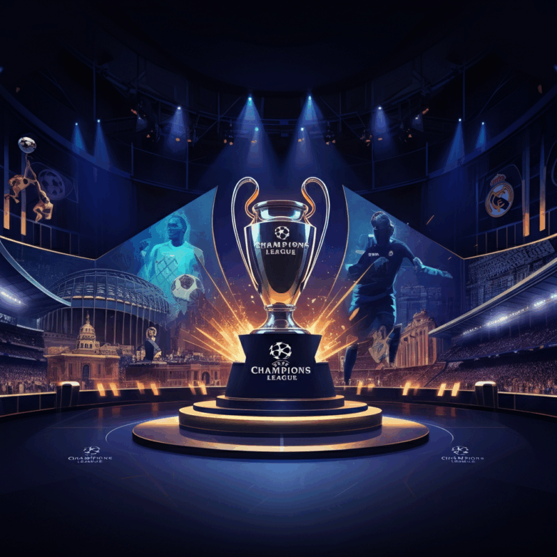 Un’illustrazione vivida che rappresenta l’evento dei sorteggi della Champions League 2025/26. Al centro, il trofeo della UEFA Champions League brilla con dettagli dorati, circondato da stadi iconici come Anfield e Santiago Bernabeu. Sullo sfondo, uno schermo digitale mostra i nomi delle squadre mentre vengono sorteggiati. Colori intensi, tra blu, oro e bianco, trasmettono un senso di prestigio ed emozione.