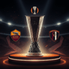 Una vibrante illustrazione dell'evento Sorteggi Europa League 2025/26, con il trofeo dell'Europa League in primo piano, uno stadio come sfondo e i loghi di Roma e Bologna visibili.