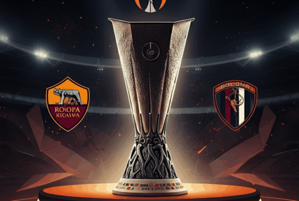 Una vibrante illustrazione dell'evento Sorteggi Europa League 2025/26, con il trofeo dell'Europa League in primo piano, uno stadio come sfondo e i loghi di Roma e Bologna visibili.