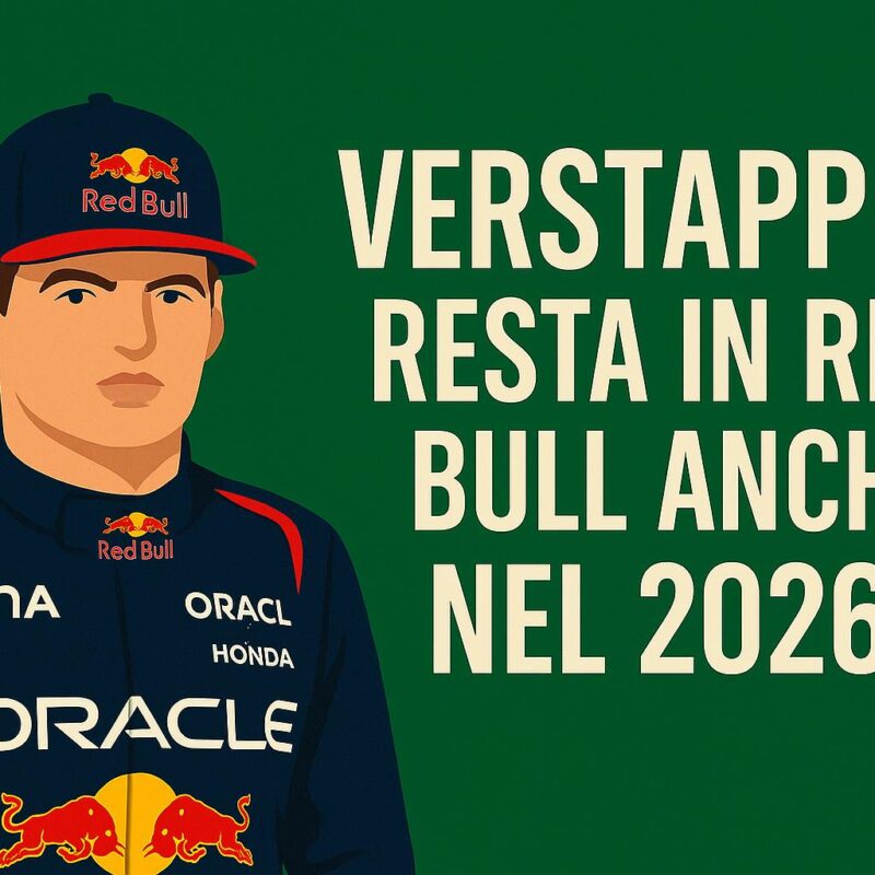 verstappen mercedes ufficiale. il pilota in tuta Red Bull accanto alla scritta "Verstappen resta in Red Bull anche nel 2026?" su sfondo verde
