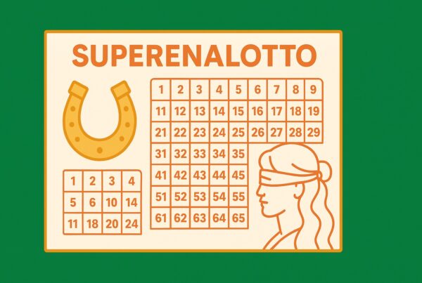vincnita supernalotto. Schedina SuperEnalotto in stile illustrato con ferro di cavallo dorato e la Dea Bendata, simboli di fortuna e vincita