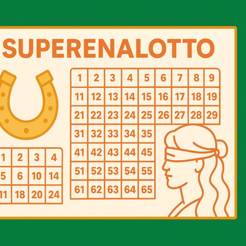 vincnita supernalotto. Schedina SuperEnalotto in stile illustrato con ferro di cavallo dorato e la Dea Bendata, simboli di fortuna e vincita